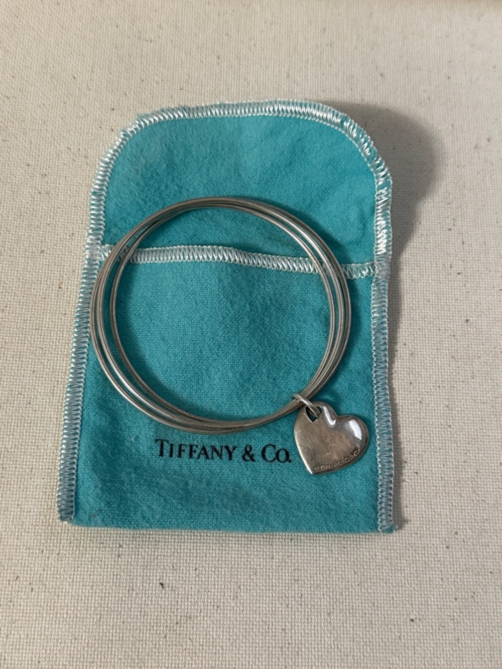 Tiffany & Co. Sterling Silver 925 Three Bangle Bracelet W/Heart Charm W/Pouch - Picture 2 of 16